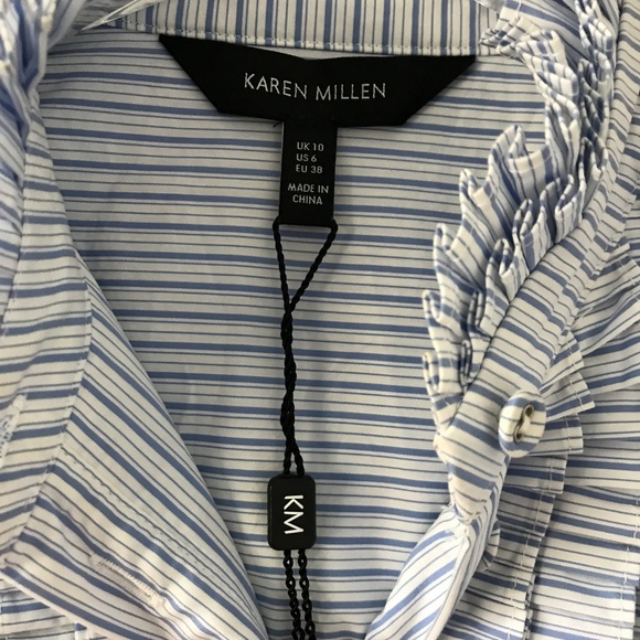 Karen Millen Pleated Striped Ruffle US 6/UK 10 Long Sleeve Button Up Shirt NWOT - Picture 9 of 12